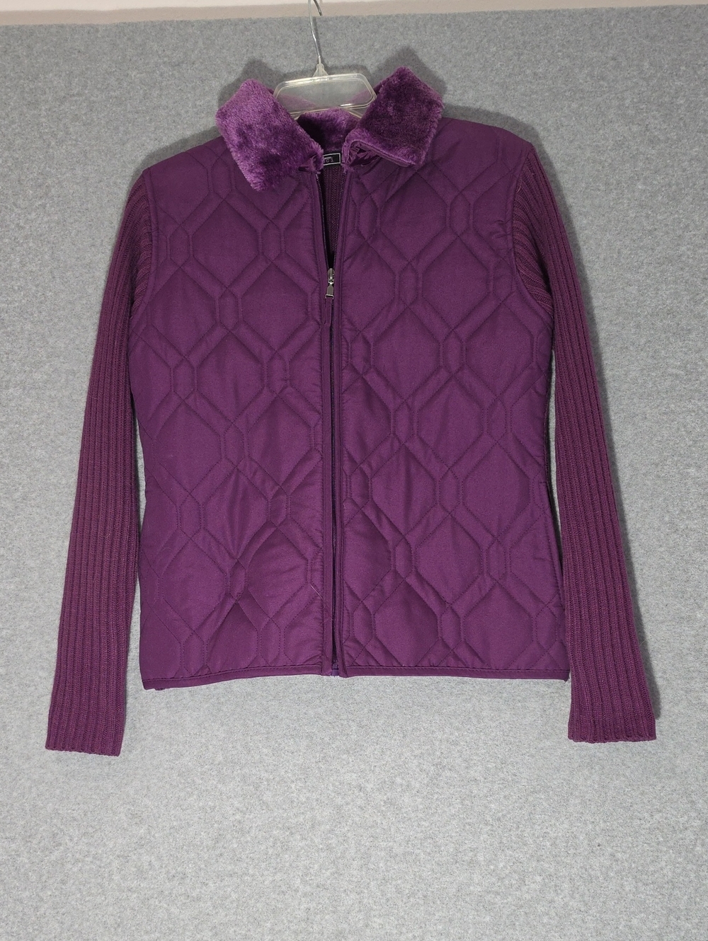 Women’s Quilted Purple Zip-Front Puffer with Faux-Fur Collar